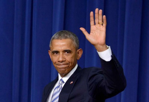 U.S. President Barack Obama leaves after keynote remarks of the White House Summit on countering violent extremism at the South Court Auditorium of the Eisenhower Executive Office Building, next to the White House, in Washington D.C., the United States, Feb. 18, 2015. Obama said on Wednesday that the fight against violent extremism did not mean it was a fight against Islam and the world should resist granting religious legitimacy to terrorist groups