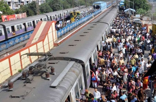 A crowded platform of Bidhannagar Station - a Kolkata Suburban Railway Junction Station in Kolkata