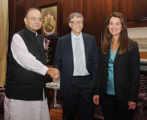 Union Minister for Finance, Corporate Affairs and Defence Arun Jaitley during a meeting with Microsoft cofounder Bill Gates and Melinda Gates in New Delhi 