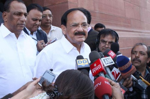 The Union Minister for Urban Development, Housing and Urban Poverty Alleviation and Parliamentary Affairs, M. Venkaiah Naidu addresses press at the Parliament premises in New Delhi.