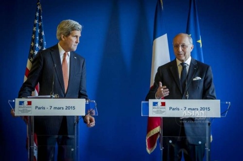 U.S. Secretary of State John Kerry  and French Foreign Minister Laurent Fabius attend a press conference in Paris, France, on March 7, 2015. U.S. Secretary of State John Kerry said on Saturday in Paris the United State and France agreed that the current nuclear deal being discussed with Iran needs to be strengthened. 