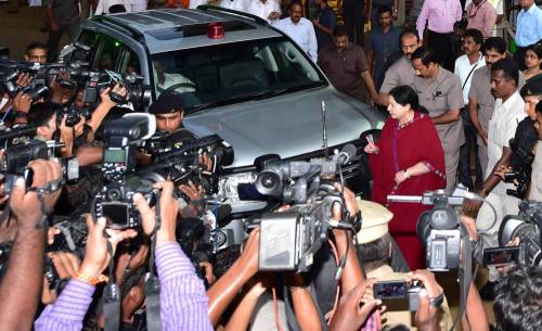 Tamil Nadu Chief Minister J Jayalalithaa arrives to meet the accident victims who were injured after a portion of a 11-storey under construction building collapsed at Moulivakkam in Chennai Saturday evening, on June 29, 2014. (Photo: IANS)