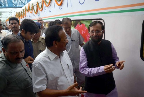 The Minister of State for Information and Broadcasting (Independent Charge), Environment, Forest and Climate Change (Independent Charge) and Parliamentary Affairs, Prakash Javadekar with the Union Minister for Railways, D.V. Sadananda Gowda during flagging off ceremony of `The Science Express - Biodiversity Special` at Safdarjung Railway Station, in New Delhi. FILE PHOTO