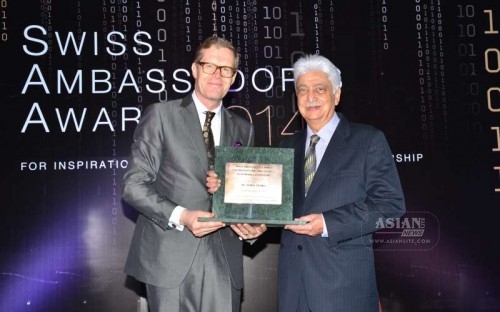 Wipro Chairman Azim Premji receives the Swiss Ambassadors Award from Swiss Ambassador to India Dr. Linus von Castelmur in Mumbai, on Dec 3, 2014.