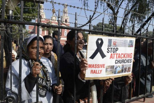  Christians protest against attack on churches in New Delhi on Feb. 5, 2015. 
