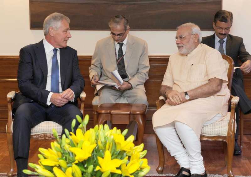 US Defence Secretary, Chuck Hagel calls on Prime Minister Narendra Modi in New Delhi on August 08, 2014. (Photo: IANS/PIB)