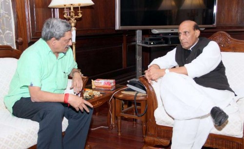 Union Minister for Defence, Manohar Parrikar calls on the Union Home Minister, Rajnath Singh, in New Delhi on Nov 27, 2014. 