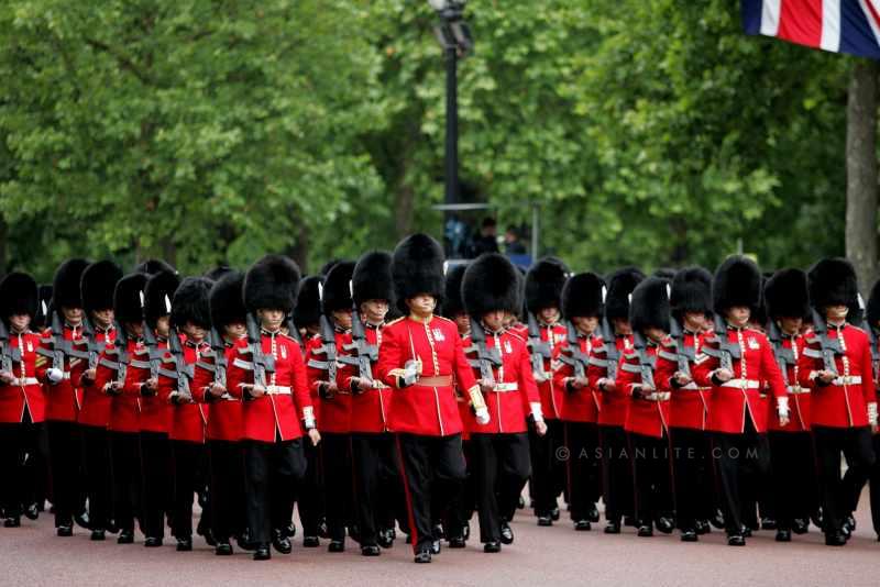  Members of the Queen's Guards march during  Trooping the Colour in London on June 14, 2014. The ceremony of Trooping the Colour is to celebrate the Sovereign's offical birthday.