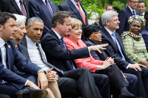 German Chancellor Angela Merkel (4th R), British Prime Minister David Cameron (4th L) and U.S. President Barack Obama (3rd L) are seen during the G7 summit at the Elmau Castle near Garmisch-Partenkirchen, southern Germany, on June 8, 2015. G7 summit concluded here on June 8.