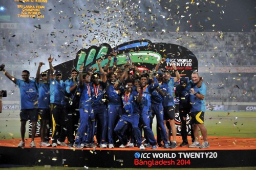 Players of Sri Lanka celebrate with the trophy after winning the ICC Twenty20 World Cup cricket title after beating India at the Sher-E-Bangla National Cricket Stadium in Dhaka, April 6, 2014. FILE PHOTO