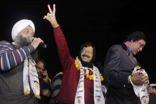  Aam Aadmi Party (AAP) chief Arvind Kejriwal addresses during a rally for the upcoming Delhi Assembly Election at Rajori Garden in West Delhi