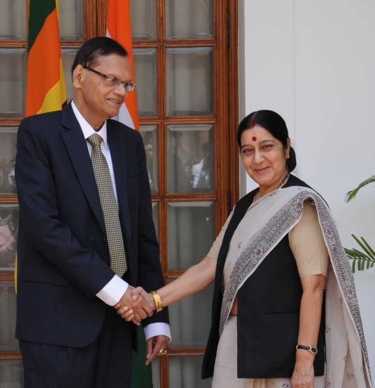 External Affairs Minister Sushma Swaraj with Sri Lankan Foreign Minister G.L. Peiris in New Delhi