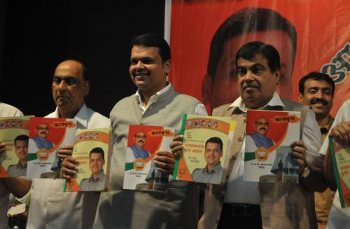 Union Minister for Road Transport & Highways and Shipping, Nitin Gadkari and Maharashtra BJP chief Devendra Fadnavis release party's manifesto for upcoming Maharashtra assembly elections scheduled to be held  in Nagpur 