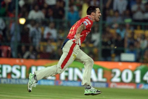  Mitchell Johnson celebrates fall of a wicket during the final match of IPL 2014 between Kings XI Punjab and Kolkata Knight Riders at M Chinnaswamy Stadium in Bangalore 