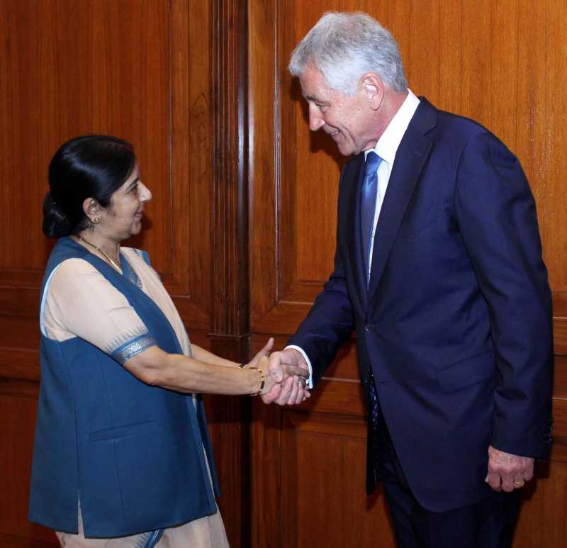 External Affairs Minister Sushma Swaraj and US Defence Secretary Chuck Hagel during a meeting in New Delhi on Aug 8, 2014. (Photo: IANS)