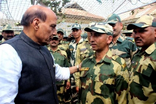 Union Home Minister Rajnath Singh interacts with soldiers during his visit the border 