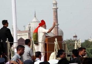 Prime Minister Narendra Modi addresses the nation after hoisting the national flag on 68th Independence Day from the ramparts of Red Fort, in Delhi on August 15, 2014. 