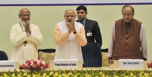  Prime Minister Narendra Modi at programme organised to celebrate the Elevation to Sainthood of Kuriakose Elias Chavara and Mother Euphrasia, in New Delhi on Feb 17, 2015. Also seen Union Minister for Finance, Corporate Affairs and Information and Broadcasting Arun Jaitley. 