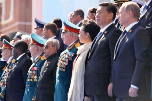 President Pranab Mukherjee during the Victory Day Parade, at Moscow, in Russia on May 9, 2015. Also seen Zimbabwe President Robert Mugabe, China President Xi Jinping, President of the Russian Federation Vladimir Putin.