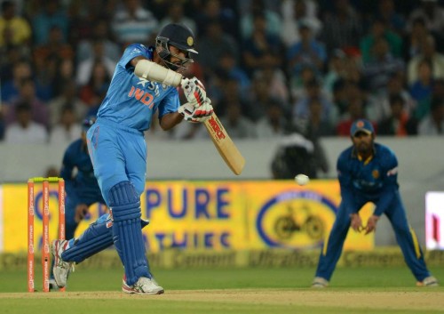 Hyderabad: Indian batsman Shikhar Dhawan in action during the 3rd ODI match between India and Sri Lanka at Rajiv Gandhi International Stadium in Hyderabad on Nov 9, 2014. 