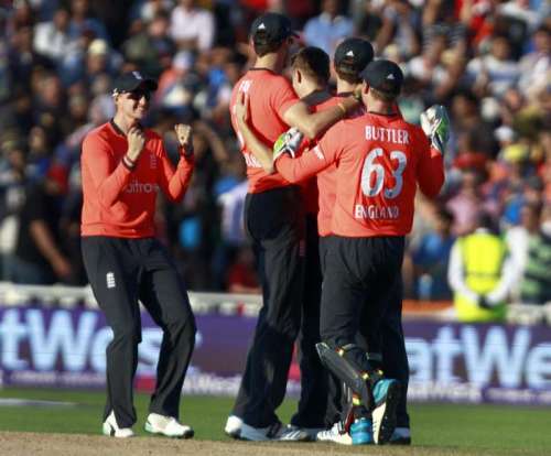 England players celebrate after defeating India in the lone T20 match played at Edgbaston, Birmingham