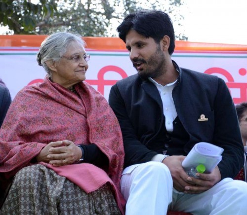 The newly elected president of Indian Youth Congress Amrinder Singh Raja Brar with former Delhi chief minister and Kerala Governor Sheila Dikshit after his appointment in New Delhi, on Jan 5, 2015. 