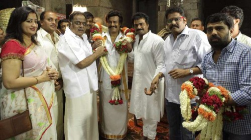 Actors Rajnikanth, Ambareesh and others during the muhurat shot of film 'Lingaa' at Chamundi Hill in Mysore on May 2, 2014. (Photo: IANS)