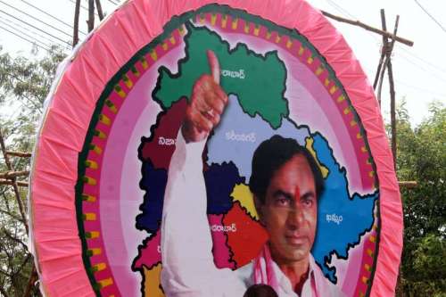 Cutouts and posters of Telangana Rashtriya Samiti (TRS) chief K Chandrasekhar Rao before he is sworn in as Chief Minister of Telangana in Hyderabad on May 31, 2014. (Photo: IANS)