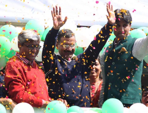  Aam Aadmi Party (AAP) leaders Arvind Kejriwal, Ashutosh and Kumar Vishwas celebrate party's performance in the recently concluded Delhi Assembly Polls in New Delhi, on Feb 10, 2015. 