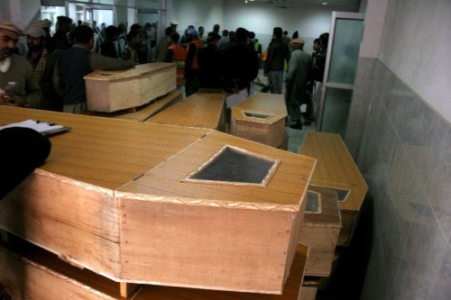 Coffins are seen at a hospital in northwest Pakistan's Peshawar on Dec. 16, 2014. The death toll of a terror attack on a school in Peshawar of Pakistan's northwest Khyber Pakhtunkhwa province.