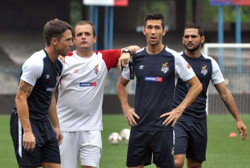 Indian Super League football franchise based in Kolkata, Atletico de Kolkata players during a practice session in Kolkata on Oct 11, 2014. (Photo: Kuntal Chakrabarty/IANS)