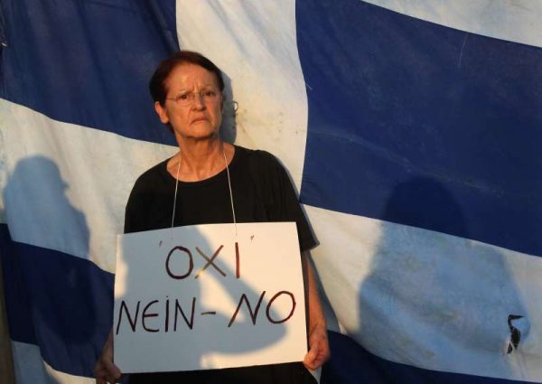 Thousands of Greeks participate in a rally called by governing Syriza party to protest against austerity measures and urge voters to say "No" in the July 5 referendum on bailout terms in Athens, Greece, on June 29, 2015. Breakdown in negotiations between Athens and its international creditors plunged the country deep into crisis. Greek government announced capital controls until July 6, while banks and Athens Stock Exchange remain shut. 