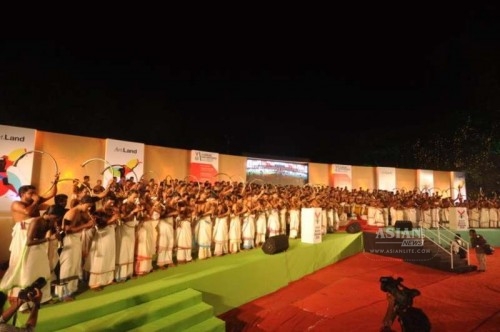  Artists perform during the inauguration of the second edition of Kochi-Muziris Biennale (KMB) in Kochio on Dec 12, 2014. As many as 305 artists performed together during the event which is being said to be the world biggest orchestral performance.