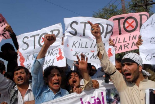 Pakistani demonstrators shout slogans during a protest in support of Rohingya Muslims in northwest Pakistan's Peshawa