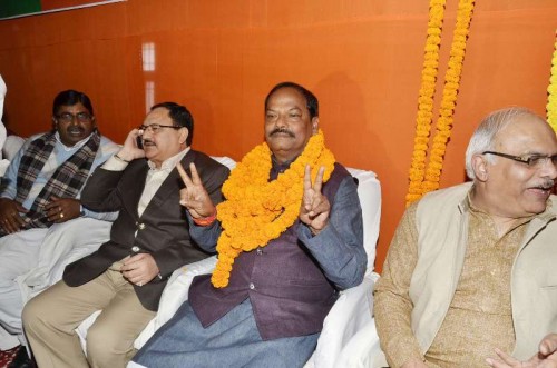 BJP leader Raghubar Das, who was elected as BJP state legislature party leader and is set to be the first non-tribal chief minister of Jharkhand in Ranchi, on Dec 26, 2014. Also seen BJP leaders J.P. Nadda and Vinay Sharsabuddhe. 