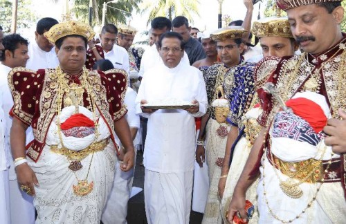  New President Maithripala Sirisena of Sri Lanka visits the Temple of Tooth in Kandy, Sri Lanka, on January 11, 2015. In Sri Lanka where 70 percent of nation's population are buddists, newly-elected president should visit the most well-known buddist temple of the country according to custom. 