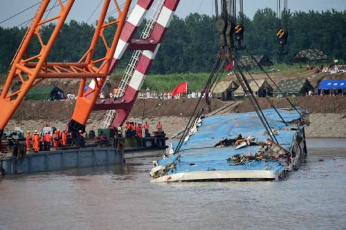 the capsized cruise ship Eastern Star being hoisted in the section of Jianli on the Yangtze River, central China's Hubei Province. The cruise ship that capsized on the Yangtze River on Monday night has been hoisted from the river after rescuers righted it