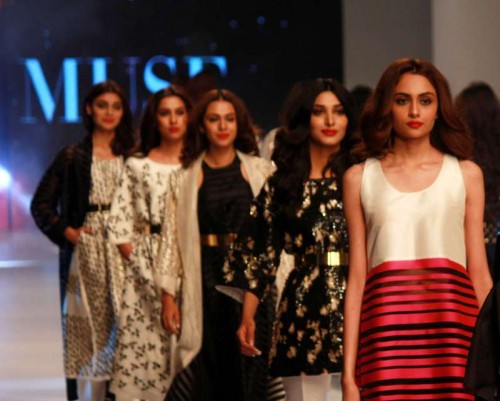 A model presents a creation by designer Muse during the Pakistan Fashion Design Council (PFDC) Sunsilk Fashion Week in eastern Pakistan's Lahore on April 19, 2015.