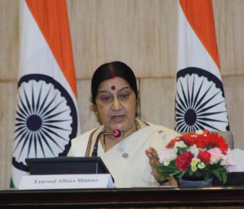 External Affairs Minister Sushma Swaraj addresses at the launch of `Fast Track Diplomacy` - a book in New Delhi on Sept 8, 2014. (Photo: IANS)