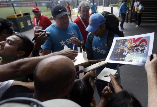  Indian captain M S Dhoni with fans after an ICC World Cup - 2015 practice session at Adelaide Oval in Adelaide, Australia on Feb 14, 2015. 