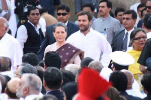 Congress chief Sonia Gandhi and Congress vice-president Rahul Gandhi during swearing-in ceremony of Prime Minister of India and the Council of Ministers at Rashtrapati Bhavan in New Delhi on May 26, 2014. (Photo: Amlan Paliwal/IANS)