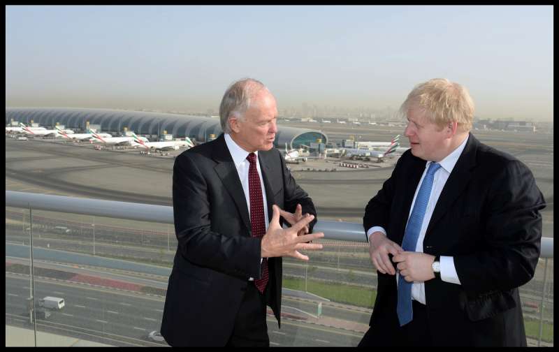 The Mayor of London Boris Johnson talks to Tim Clark the President of Emirates Airline at the Emirates HQ in Dubai, The Mayor is on a 2 day tour of the UAE, Monday April 15, 2013. Photo By Andrew Parsons / i-Images