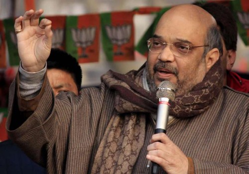 BJP chief Amit Shah addresses a rally in Jawahar Nagar of Srinagar on Dec 11, 2014. 