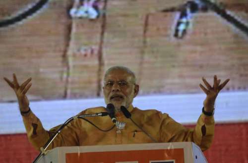 Prime Minister Narendra Modi addresses during a rally at Mahalaxmi Racecourse in Mumbai.