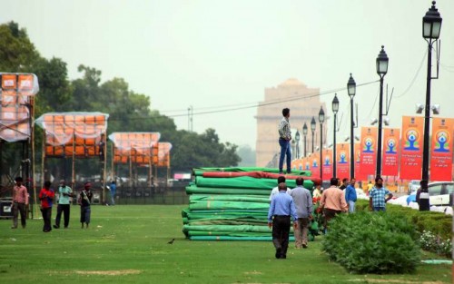 Preparation going on for the International Yoga Day at Rajpath in New Delhi on June 18, 2015. 