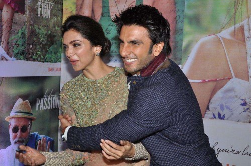 Actors Ranveer Singh and Deepika Padukone during the success party of film Finding Fanny in Mumbai on Sept 15, 2014. (Photo: IANS)