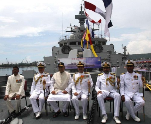 Union Minister for Finance, Corporate Affairs and Defence, Arun Jaitley along with the Chief of Naval Staff, Admiral R.K. Dhowan during the commissioning ceremony on board INS Kamorta at Eastern Naval Command, Visakhapatnam on Aug. 23, 2014. 