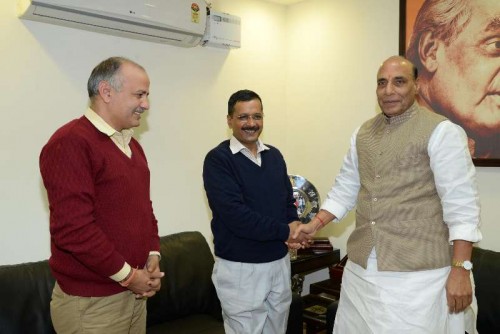 Aam Aadmi Party (AAP) leader Arvind Kejriwal and Manish Sisodia during a meeting with Union Home Minister Rajnath Singh in New Delhi, on Feb 11, 2015. 