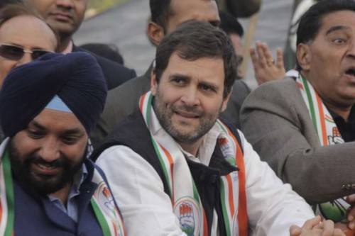  Congress vice president Rahul Gandhi with Delhi Congress chief Arvinder Singh Lovely, senior leader Ajay Maken and other leaders during election campaign rally in New Delhi on Jan. 27, 2015