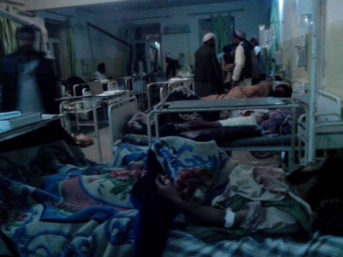 Wounded Afghans receive medical treatment at a hospital in Paktika, eastern Afghanistan, on Nov. 23, 2014. At least 57people were killed and 60 others wounded after a suicide bomb attack shocked a volleyball ground in Yahya Khel district of Paktika province, eastern Afghanistan on Sunday evening, officials confirmed. 